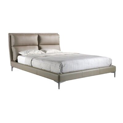 Bed with pine wood structure upholstered in imitation leather and headboard composed of two sewn cushions, Multi-slat pine wood base included, Dark polished stainless steel legs, model 7014