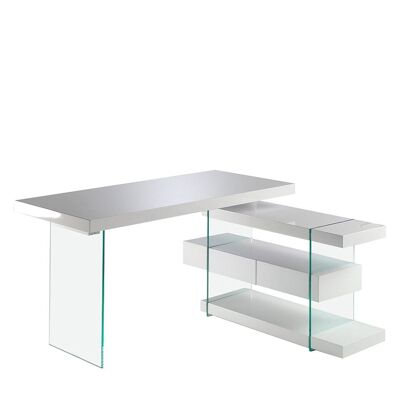 Schreibtisch mit Hauptplatte, Schubladen und Regalen aus MDF, lackiert in RAL9003 Hochglanzweiß. Stützen aus gehärtetem Glas, Modell 3002