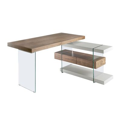Schreibtisch mit Hauptplatte, Schubladen und Regalen aus MDF, lackiert in RAL9003 Hochglanzweiß. Stützen aus gehärtetem Glas, Modell 3002