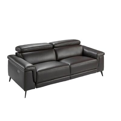 3-seater sofa upholstered in chocolate-colored cowhide leather with natural pine wood structure, independent articulated headrests and two electric relax mechanisms, solid steel legs painted in black epoxy, model 6051