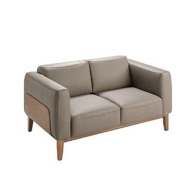 Mit Rindsleder bezogenes 2-Sitzer-Sofa mit Innenstruktur aus natürlichem Kiefernholz und Beinen und seitlichen Außendetails aus Nussbaumfurnier in sanftem Ton, Modell 6028