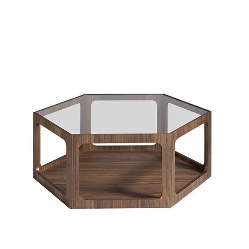 Mesa centro hexagonal en madera chapada en y tapa de cristal templado, modelo 2023