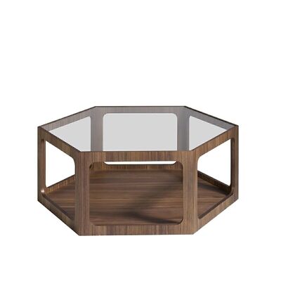 Hexagonal coffee table in veneered wood and tempered glass top, model 2023