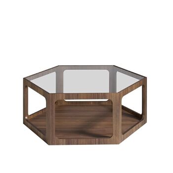 Table basse hexagonale en bois plaqué et plateau en verre trempé, modèle 2023 1