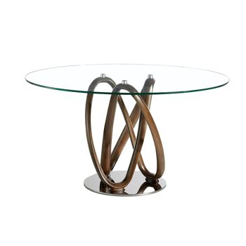 Table à manger ronde avec plateau en verre trempé et structure en bois de frêne massif peint couleur noyer, Base en acier massif chromé, modèle 1021-Ø130 1