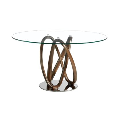 Mesa comedor redonda con tapa de cristal templado y estructura de madera maciza de fresno pintado color nogal, Base de acero macizo cromado, modelo 1021-Ø130
