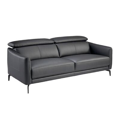 Mit schwarzem Rindsleder bezogenes 3-Sitzer-Sofa mit Struktur aus natürlichem Kiefernholz und unabhängigen, gelenkigen Kopfstützen, Beine aus massivem Stahl, mit schwarzem Epoxidharz lackiert, Modell 6059