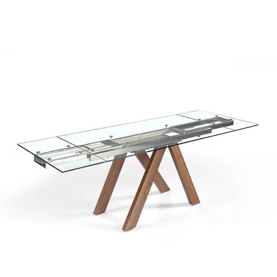 Mesa comedor extensible rectangular con tapa de cristal templado transparente y patas de madera chapada en nogal, modelo 1011