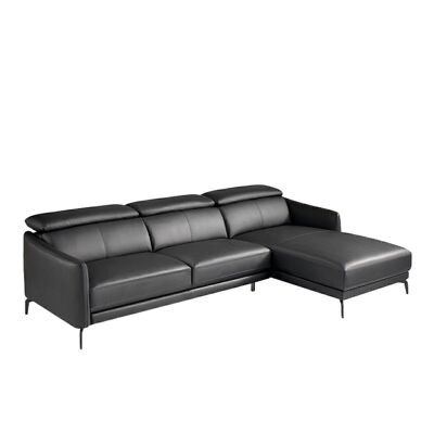 Chaiselongue (R)-Sofa mit schwarzem Rindsleder bezogen, mit natürlicher Kiefernholzstruktur und unabhängig beweglichen Kopfstützen, Beine aus massivem Stahl, mit schwarzem Epoxidharz lackiert, Modell 6041