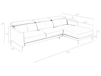 Canapé chaise longue (R) recouvert de cuir de vachette noir avec structure en bois de pin naturel et appuis-tête articulés indépendants, pieds en acier massif peint en époxy noir, modèle 6041 9