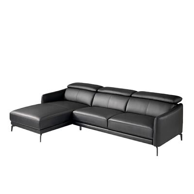 Chaise longue sofa (L) upholstered in black cowhide leather with natural pine wood structure and independent articulated headrests, solid steel legs painted in black epoxy, model 6040