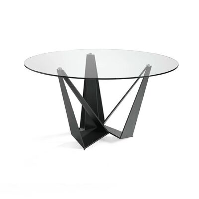 Mesa comedor con tapa circular fija de cristal templado y estructura de acero inoxidable lacada en color negro mate, modelo 1045