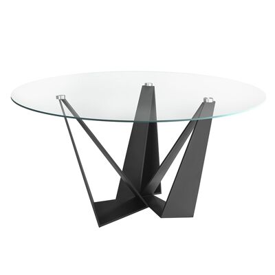 Mesa comedor con tapa circular fija de cristal templado y estructura de acero inoxidable lacada en color negro mate, modelo 1045