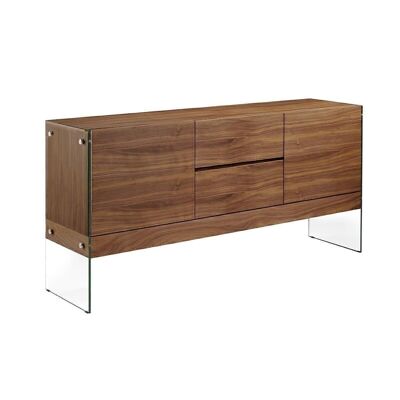 Sideboard with walnut-veneered wood structure with two doors and two drawers and interior shelves in walnut-veneered wood, tempered glass sides, model 3062