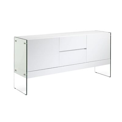 Sideboard mit Struktur aus glänzend weiß lackiertem MDF mit zwei Türen und zwei Schubladen und Innenregalen aus glänzend weiß lackiertem MDF, Seiten aus gehärtetem Glas, Modell 3063