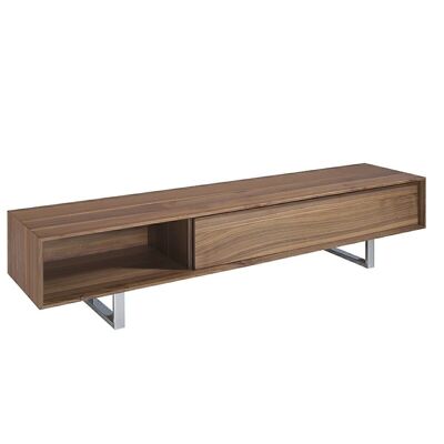 TV cabinet with 0.5mm thick natural walnut veneered wood structure and chromed stainless steel legs with double drawer unit, model 3043
