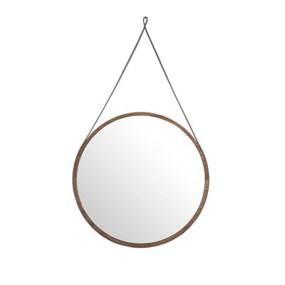Espejo colgante circular con marco de madera chapada en nogal y con cinta de cuero color chocolate, modelo 3038