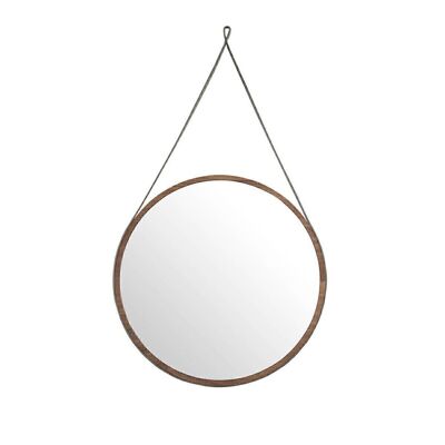 Specchio sospeso circolare con cornice in legno impiallacciato noce e fascia in pelle color cioccolato, modello 3038