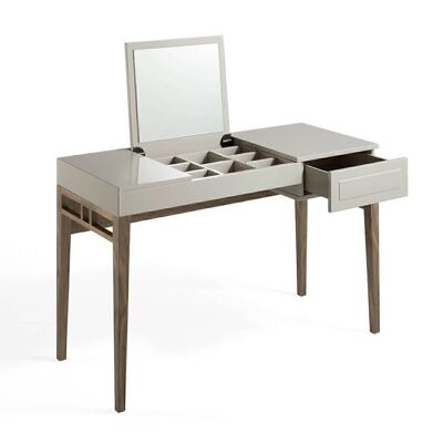 Dressing table with top in Glossy Niebla lacquered MDF and walnut-veneered wooden leg structure, folding mirror with jewelery box and drawer, model 7001