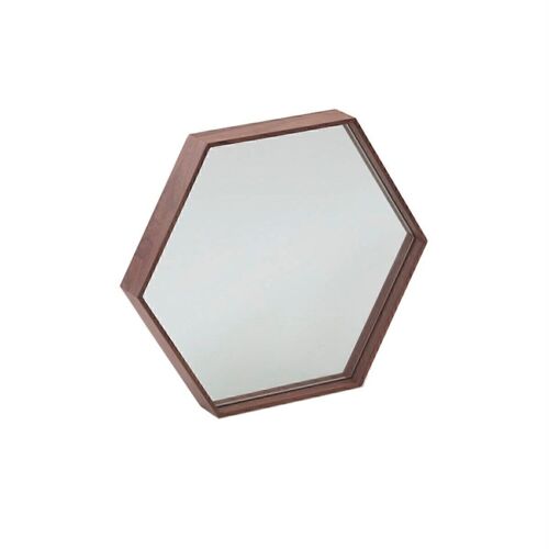 Espejo de pared hexagonal con marco de madera chapada en nogal, modelo 3039