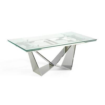 Extendable rectangular dining table with tempered glass top and chromed stainless steel legs, model 1027