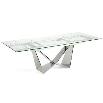 Table à manger rectangulaire extensible avec plateau en verre trempé et pieds en acier inoxydable chromé, modèle 1027 2