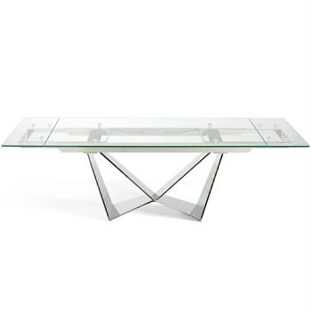 Table à manger rectangulaire extensible avec plateau en verre trempé et pieds en acier inoxydable chromé, modèle 1027 3