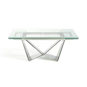Table à manger rectangulaire extensible avec plateau en verre trempé et pieds en acier inoxydable chromé, modèle 1027 4