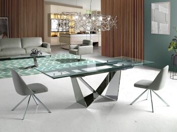 Table à manger rectangulaire extensible avec plateau en verre trempé et pieds en acier inoxydable chromé, modèle 1027 6