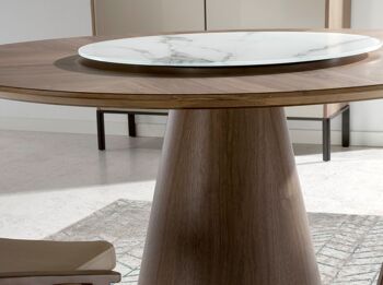 Table à manger ronde fixe avec centre tournant en porcelaine et structure en bois plaqué noyer, modèle 1016 2