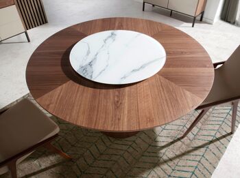 Table à manger ronde fixe avec centre tournant en porcelaine et structure en bois plaqué noyer, modèle 1016 5