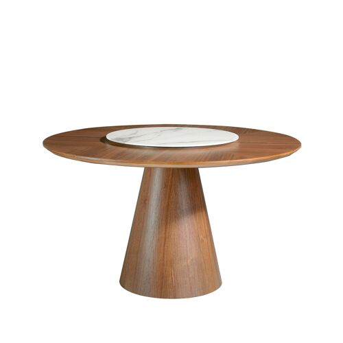 Mesa comedor fija redonda con centro giratorio en porcelánico y estructura en madera chapada en nogal, modelo 1016