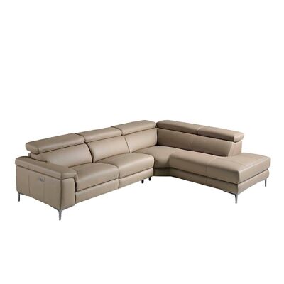 Corner sofa (R) upholstered in cowhide leather with dark polished stainless steel legs and independent adjustable headrests, side seat with electric relax mechanism, model 6043
