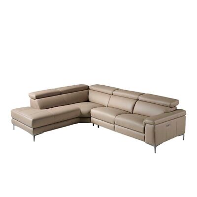 Corner sofa (L) upholstered in cowhide leather with dark polished stainless steel legs and independent adjustable headrests, side seat with electric relax mechanism, model 6042