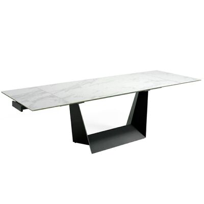 Tavolo da pranzo allungabile rettangolare con piano in porcellana e solide gambe in acciaio verniciato a polveri epossidiche nero, modello 1014