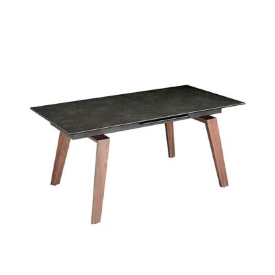 Mesa comedor extensible rectangular con tapa de porcelánico y cristal con patas de madera chapada en nogal, modelo 1026