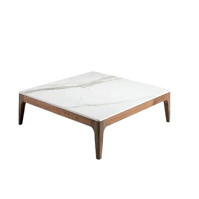 Square coffee table with calacatta marble imitation glass top on walnut veneered wood structure, model 2042