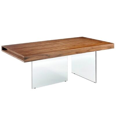 Mesa comedor rectangular con tapa de madera chapada en nogal y patas de cristal templado, modelo 1028