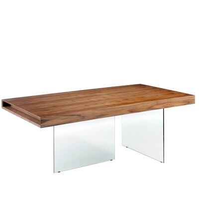 Mesa comedor rectangular con tapa de madera chapada en nogal y patas de cristal templado, modelo 1028