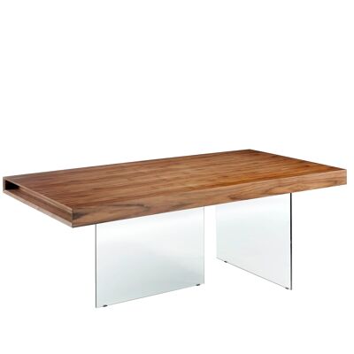 Tavolo da pranzo rettangolare con piano in legno impiallacciato noce e gambe in vetro temperato, modello 1028
