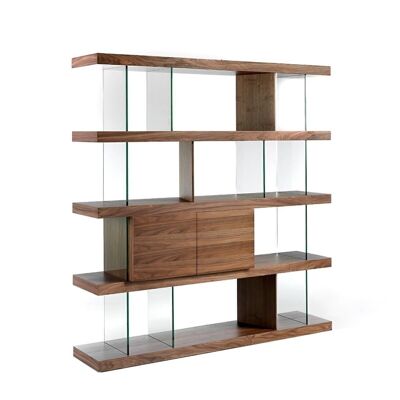 Walnut veneered wood shelf with drawers with push system and soft-closing closure, and tempered glass, model 3072