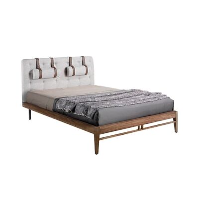 Bed with walnut-veneered wood structure and fabric-upholstered headboard with two headrests with chocolate-colored leatherette strips included, multi-slat pinewood bed frame included, model 7034
