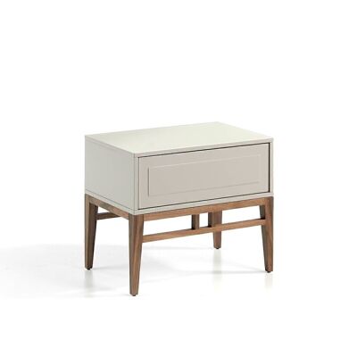 Bedside table in Glossy Niebla lacquered MDF and walnut veneered wood frame and legs, model 7035