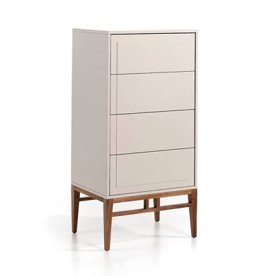 MDF chest of drawers in Glossy Niebla lacquer with four drawers and walnut veneered wood structure, model 7036