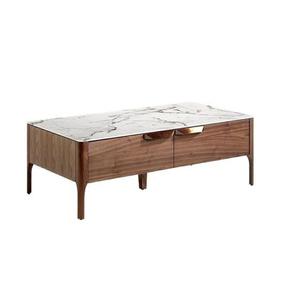 Table basse avec structure en bois plaqué noyer avec plateau en fibre de verre effet marbre calacatta et tiroirs avec poignées en acier couleur cuivre, modèle 2046