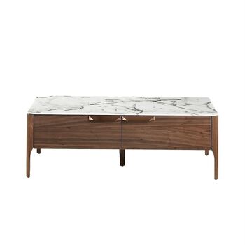 Table basse avec structure en bois plaqué noyer avec plateau en fibre de verre effet marbre calacatta et tiroirs avec poignées en acier couleur cuivre, modèle 2046 2