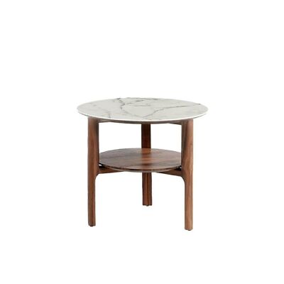 Tavolo angolare con struttura in legno impiallacciato noce e piano circolare in fibra di vetro effetto marmo calacatta modello 2047