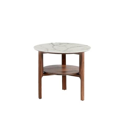 Table d'angle avec structure en bois plaqué noyer et plateau circulaire en fibre de verre effet marbre calacatta, modèle 2047