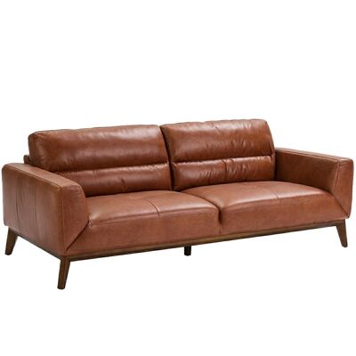 Mit Rindsleder bezogenes 3-Sitzer-Sofa mit Innenstruktur aus natürlichem Kiefernholz und Beinen aus nussbaumfarbenem Holz, Modell 6047