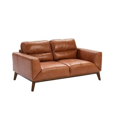 2-seater sofa upholstered in cowhide leather with internal structure in natural pine wood and legs in walnut-colored wood, model 6046